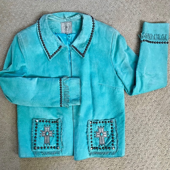 Vintage Turquoise Suede Jacket with Turquoise Cabochons - Picture 1 of 7